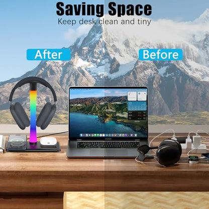 Headphone Stand with Wireless Charger,Gaming Headset stand with RGB Light Mode,For Airpod Max Stand Compatible with Airpod Pro/3/2,For iPhone 17/16/15/14/13/12/11,Gifts for Gamers & Music Lover(Black) - color: Black