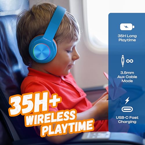 PowerLocus PLED Kids Bluetooth Headphones, Kids Wireless Headphones with LED Lights, 74/85/94dB Safe Volume, Micro SD, AUX Cable, Hi-Fi Stereo, Built-in Mic Over Ear Kid Headphone for Travel/Tablet/PC - color: Blue/Orange