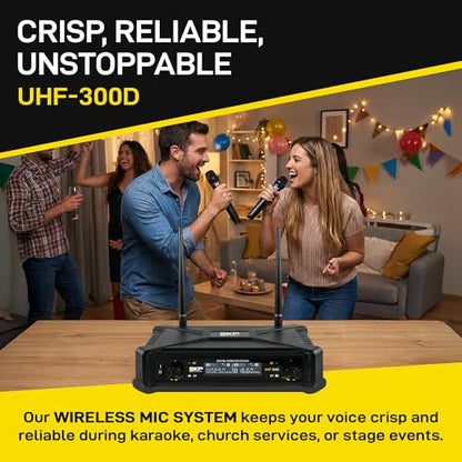 SKP Pro Audio UHF-300D Dual Wireless Microphone System – Handheld Wireless Microphones with LCD Display, 200ft Range, Clear Sound, Long Battery for Karaoke, Singing, Church & DJs