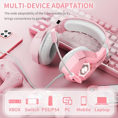 Ozeino Gaming Headset for PC, Ps4, Ps5, Xbox Headset with 7.1 Surround Sound, Gaming Headphones with Noise Cancelling Mic RGB Light Over Ear Headphones for Xbox Series X/S, Switch-Pink - color: Pink