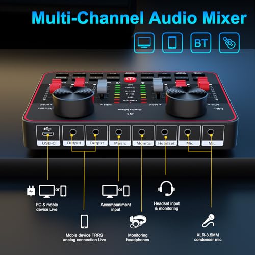 Audio Mixer, Sound Board for Pc/Phone Live Streaming Singing Gaming, Audio Interface for 3.5mm Microphone, Live Sound Card with DJ Mixer Effects & Voice Changer, Denoise, Bluetooth Podcast Mixer