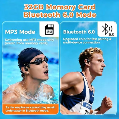 2026 Upgrade Bone Conduction Headphones-SwimBeats, IP68 Waterproof Swimming Headphones| 32GB Storage| BT 6.0| 28g Lightweight| 8H Battery, Open-Ear Headphones for Swimming, Running, Cycling(Black) - color: Black