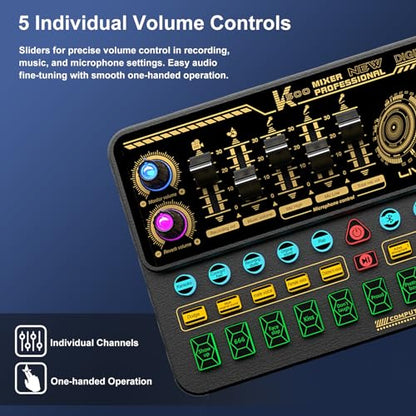 Audio Mixer With Effects, Live Sound Card with Volume Fader, Voice Changer, Sound Effects, for Karaoke, Streaming, Recording, Podcasting Sound Board for Kids, Gift, Game, PS5
