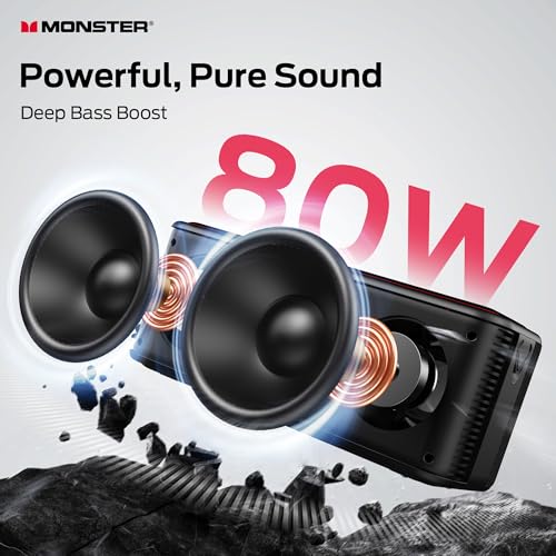 Monster Shock Pro Bluetooth Speaker with Strap, 80W Loud Speaker with Deep Bass, Portable Wireless Speakers with TWS, Long Playtime & Waterproof for Outdoors/Indoors, Supports AUX/TF Card/USB Audio