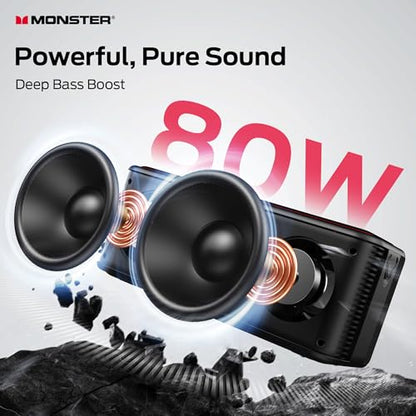 Monster Shock Pro Bluetooth Speaker with Strap, 80W Loud Speaker with Deep Bass, Portable Wireless Speakers with TWS, Long Playtime & Waterproof for Outdoors/Indoors, Supports AUX/TF Card/USB Audio