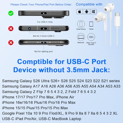 Wired Earbuds USB C Ear Buds Wired Headphones for iPhone 17e 17 Pro Max 17 | 17Pro 16 Pro Max 16 Plus 16Pro 16e 15Pro Max/Plus/Pro 15, 2 Pack USBC in-Ear Earphones with Microphone for Samsung S26 S25