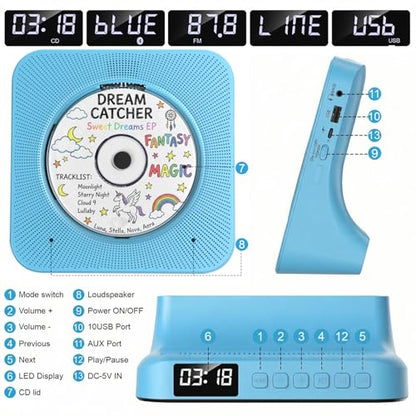 Gueray Portable CD Player with Bluetooth, CD Player with Speaker for Home | Plug-in desktop use,2-way Bluetooth mode, 3W speakers, FM radio, sleep timer, A-B repeat,USB/AUX - color: Blue