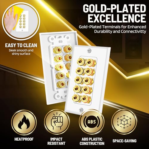 TNP Speaker Wall Plate for 1 Speaker, Banana Plug, Single Gang, White | Speaker Wire Wall Outlet with Gold-Plated Binding Posts for Spades or Bare Wire; for Home Theater and Surround Sound Setups - size: 5-Speaker