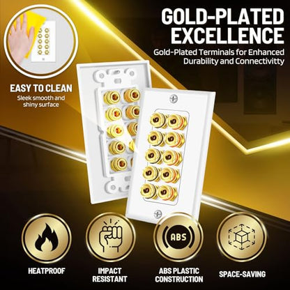 TNP Speaker Wall Plate for 1 Speaker, Banana Plug, Single Gang, White | Speaker Wire Wall Outlet with Gold-Plated Binding Posts for Spades or Bare Wire; for Home Theater and Surround Sound Setups - size: 5-Speaker