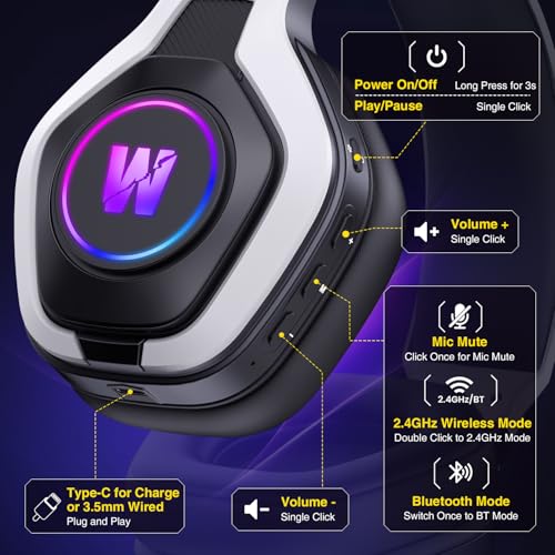 WolfLawS Wireless Gaming Headset for PS5, PC, PS4, 2.4G/Bluetooth Gaming Headphones with Noise Canceling Microphone, USB and Type-C Connector, 7.1 Surround Sound, RGB Lighting, 60H Battery