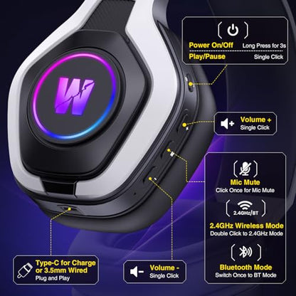 WolfLawS Wireless Gaming Headset for PS5, PC, PS4, 2.4G/Bluetooth Gaming Headphones with Noise Canceling Microphone, USB and Type-C Connector, 7.1 Surround Sound, RGB Lighting, 60H Battery
