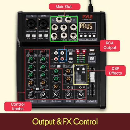 Pyle 6 Channel Studio Mixer - Small Footprint, USB - PC Recording, Bluetooth In, MP3 Player, DSP Effects, +48V Phantom Power, XLR Combo Inputs, Control Room Out, Smooth Dials and Faders - PMX406ST - size: 6