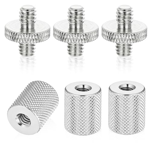 Skrfren 6 Pcs 1/4" to 1/4" Threaded Tripod Screw Adapter Set, Double Head Male to Male and Female Female Thread Converter, Aluminum Alloy Standard Mounting Screw for Camera Cage Light Stand (Silver)