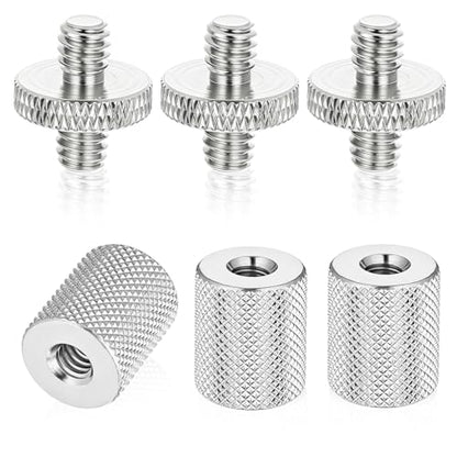 Skrfren 6 Pcs 1/4" to 1/4" Threaded Tripod Screw Adapter Set, Double Head Male to Male and Female Female Thread Converter, Aluminum Alloy Standard Mounting Screw for Camera Cage Light Stand (Silver)