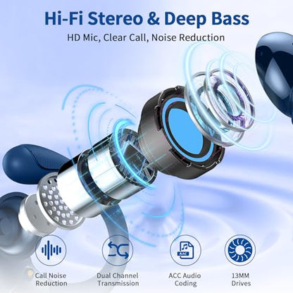 Wireless Earbuds, 2026 New Bluetooth 5.4 Headphones Sport, 60H+ HiFi Stereo | Deep Bass Over-Ear buds, ENC Noise Cancelling Mic, IP7 Waterproof & LED Display Earphones, Earhooks, for Workout, Running - color: comb navy blue