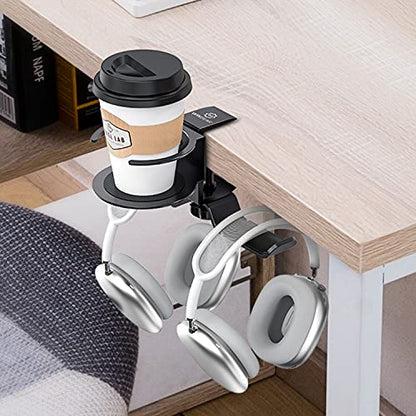 Headphone Stand, 2 in 1 PC Gaming Headset Stand Cup Holder, with Cable Organizer, 360° Adjustable & Rotating Arm Clamp Headphone Holder, Suitable for All Headphones and Drinks