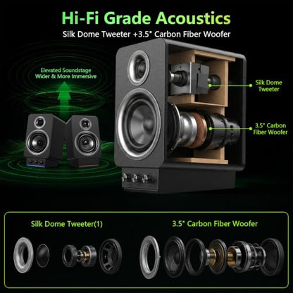 HiFi Bluetooth Bookshelf Speakers, MDF Wooden with HDMI ARC | PC computer speakers with USB DAC, silk dome tweeter, 3.5" woofer, DSP, AUX, treble/bass adjustment, and RGB lights - color: Black-1