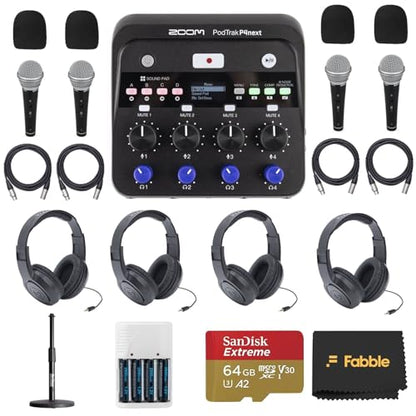 Zoom PodTrak P4next Portable Multitrack Podcast Recorder Bundle with Microphones, Headphones, Windscreens, Desktop Mic Stand, XLR Cables, Charger, and 64GB Card