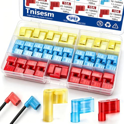 Tnisesm 90Pcs Right Angle Flag Spade Connector Wire Terminal Crimp Connectors Quick Disconnect Female Nylon Crimps Terminals for 22-18 16-14 12-10 AWG Gauge Wiring - style: 90Pcs Connectors+Crimping Tool