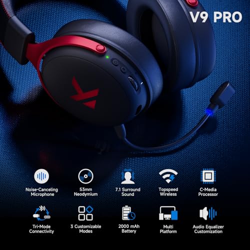 MCHOSE V9 PRO Wireless Gaming Headset 7.1 Surround Sound for PS5 PS4 PC SWITCH TOPSPEED Gaming Headphones, Noise Canceling Mic, 250Hr Battery, Low 15ms Latency, Lightweight, BT 5.3 FPS Games Black&Red - color: V9PRO-Black/Red