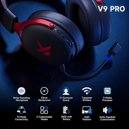 MCHOSE V9 PRO Wireless Gaming Headset 7.1 Surround Sound for PS5 PS4 PC SWITCH TOPSPEED Gaming Headphones, Noise Canceling Mic, 250Hr Battery, Low 15ms Latency, Lightweight, BT 5.3 FPS Games Black&Red - color: V9PRO-Black/Red