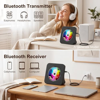 Gueray Portable CD Player with Bluetooth for Home, Hi-Fi Speaker,FM Radio | Plug-in desktop use,2-way Bluetooth mode, 3W speakers,Remote control,sleep timer, A-B repeat,USB/AUX,headphone jack - color: Black