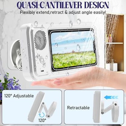 Shower Phone Holder with Wireless Bluetooth Speaker, Waterproof 480 Rotation Viewable Shower Phone Stand Case Mount Speakers for Bathroom Wall Mirro for 4"- 6.8" Cell Phones ,Gift for Mom(White) - color: White