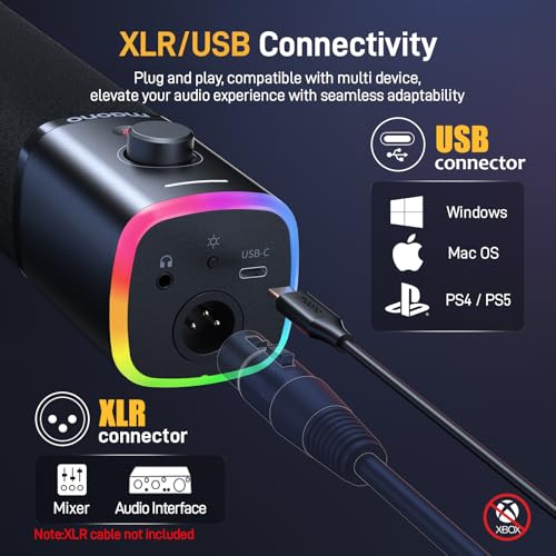MAONO XLR/USB Gaming Microphone and Studio Monitor Headphones Set, Computer Recording Mic with Mute Button, RGB, Over Ear Wired Headset for YouTube Podcasting Streaming Gaming (PD100X Black+MH601)