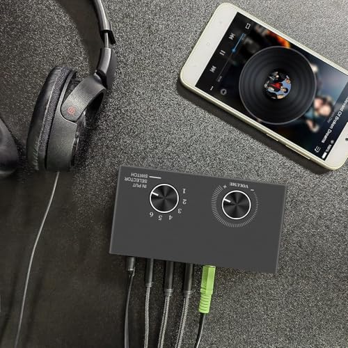 6-Way Audio Switcher, 3.5mm (1/8") Stereo Audio Switcher, Plug & Play Compatible with PC, Laptop, MP3, MP4, Headphone, Game System ect. (6 in-1 Out)