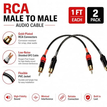 RCA Cable 1ft 2-Pack, Male to Male Gold Plated Subwoofer Cable, Low Noise Shielded OFC Audio Cable for Amplifier, Home Theater, HDTV, Speaker