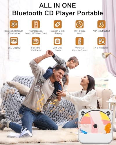 Portable CD Player Bluetooth Rechargeable, Mini Desktop for Home with HiFi Speaker, Cute CD Player Remote Control, Supports CD/FM Radio/USB, Cream - color: Cream