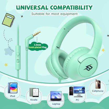 Botesty Sound Kids Headphones with Cord, 3.5mm 85/94dB Volume Limit, Green - color: Green