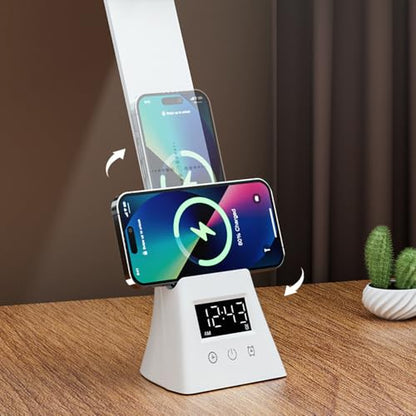 IHAO 3in1 Foldable Eye-Care Desk Lamp with 15W Wireless Charger & Digital Clock Touch Control, 3 Color Temperatures, Alarm, 180° Foldable, Phone Stand, Modern LED Table Lamp TYV-2088 Black - color: Table Lamp TYV-2088 Black