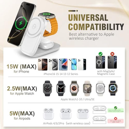Foldable Wireless Charger, Fast Max Charging for iPhone 16/15/14/13/12 Pro Max, 3 in 1 Charging Station for Apple Watch 10－3 & AirPods Pro/4/3（White - color: white