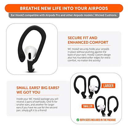 WC HookZ - Patented Upgraded Over Ear Hooks for AirPods Pro 1, 2 & AirPods 1, 2 & 3- Two Size Pairs Included in Package, Unique Left & Right Hook, Made by Wicked Cushions | Pitch Black - color: Black