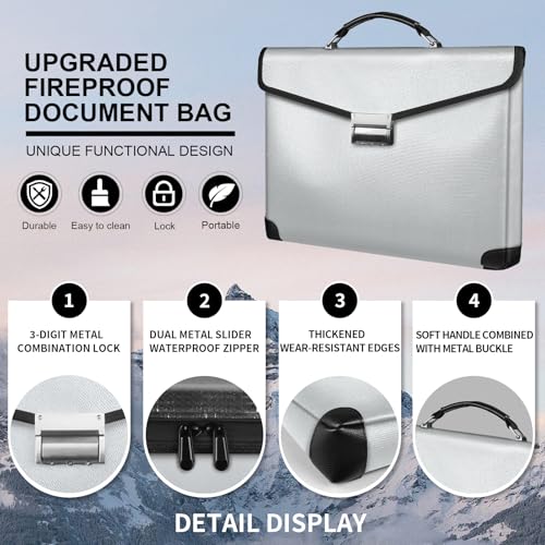 Fireproof Document Bag, 14.5" X11" X2.5", Silver | Fireproof Money Bag for Cash, With Metal Lock and Zipper, Fireproof&Waterproof Organizerm, Protects Valuables Legal Documents - color: Silver