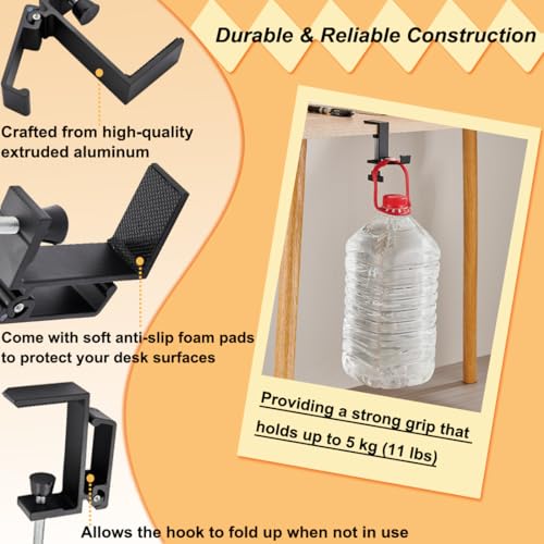 Aluminum Table Hooks 2 Pack, Foldable Under Desk Hooks for Backpack Headphone Purse, Portable Hanger, Heavy Duty Load, No Drill Tool-Free Installation, Space Saving Organizer Universal Fit