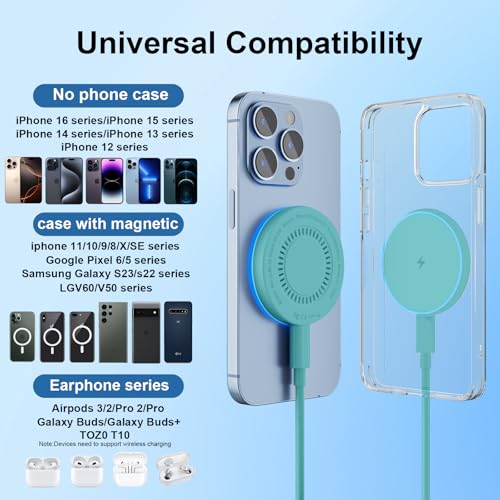 MagSafe Charger 2 Pack 15W Magnetic Wireless Charger Fast Charging Pad Compatible with iPhone 17/16/15/14/13/12 Series & AirPods 4/3/2/Pro Magnetic MagSafe Charging Pad with Dual Ports-Light Green | Two USB-C cables and two USB-A adapters, compatible with