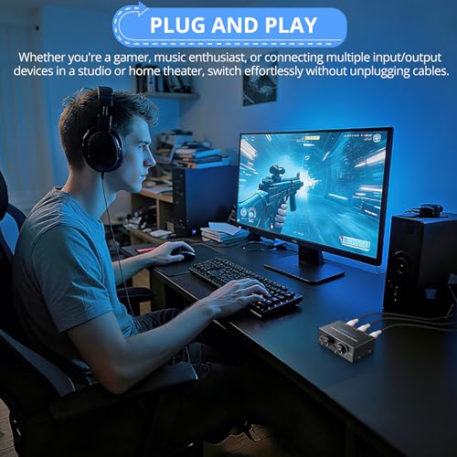 CAMWAY 2X1,1X2 RCA Switcher - RCA L/R and Aux 3.5mm Bi-Directional Stereo Audio Selector Box, Portable with Volume/Off Knob,Professional Audio Splitter for Multiple Audio Source