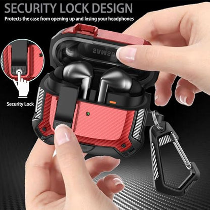Compatible with Samsung Galaxy Buds 3 Pro Case/Bud3 Cover Lock Clip with Phone Stand for Men, Military Shell Galaxy Buds Pro 3/ Bud 3 Protective Armor Skin with with Cleaner Kit & Carabiner - color: ABlack/Red
