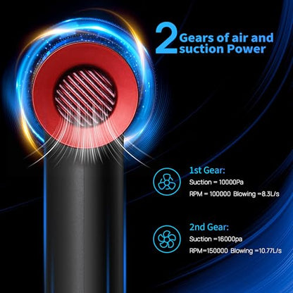 2-in-1 Compressed Air Duster and Mini Vacuum Cleaner with 150000 High RPM - Powerful Brushless Motor for Desktop, Keyboards, Laptop, Dryer and Electronics