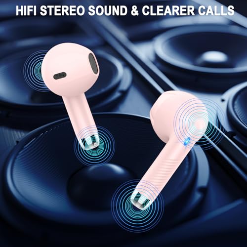 Jxrev Wireless Bluetooth 5.4 Earbuds, 6D Stereo Ear Buds, LED Power Display | Bluetooth Earbuds in-Ear Noise Cancelling Mic, 40H Playback, Mini Case, IP7 Waterproof Sports Earphones, for Android iOS - color: peach pink