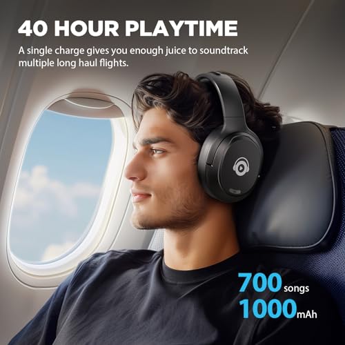 Hybrid Active Noise Cancelling Headphones, Bluetooth Headphones Wireless Over Ear with Transparency Mode, Deep Bass, Comfort Fit Ear Cups, 40 Hrs Playtime for Travel Home Office (Black)