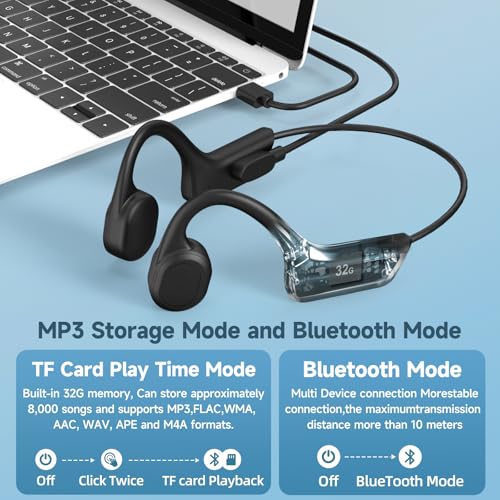 Bone Conduction Headphones,Waterproof IP68,Wireless Bluetooth 5.3 Earphones with Microphone, Built-in 32GB MP3 Open Ear Bluetooth Headphones for Running (Matt Black) - color: Matt Black