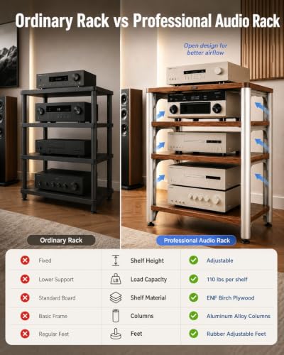 4-Tier HiFi Audio Rack, Adjustable AV Stand for Stereo Equipment | 110 lbs Per Shelf Open Cooling Design Metal Support Columns Rubber Feet Fits Amplifier, Receiver, Turntable & CD Player - size: 4-tier