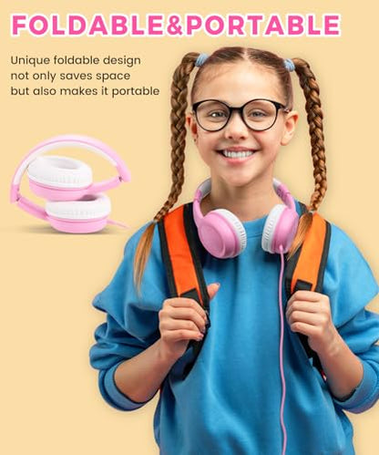 UKELALA C3 Kids Headphones Wired, On-Ear Wired Head Phones for Boys Girls with 3.5mm Jack, Foldable, Adjustable Headband, Child Headphone for School Home Airplane Tablet Pink - color: Pink