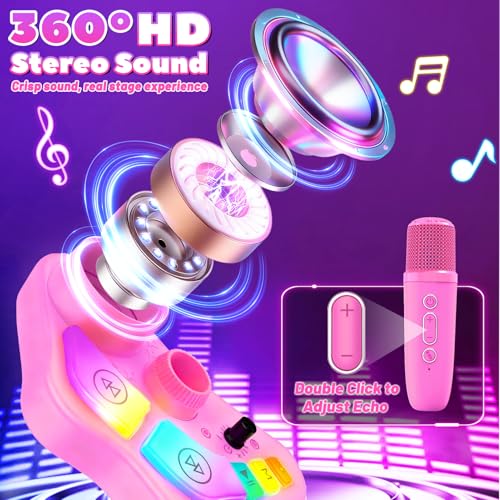 Kids Rechargeable Karaoke Machine Toys with Adjustable Stand, 3-5 4-6 7 8 Year Old GirlsWireless Microphone Gifts, Bluetooth Speaker with 2 Mic Toddler Birthday Gift for Girl Ages 3-8 - color: Pink