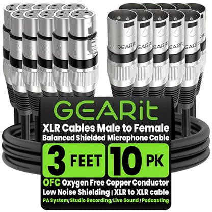 GEARit 22AWG OFC XLR Cables 3FT 10-Pack Male to Female for Studio Recording | Balanced 3-Pin Microphone Cables with Dual Shielding for Podcasters Streamers Mixers Powered Speakers and Desktop Audio Gear - size: 3 Feet (10-Pack), style: 10 Pack