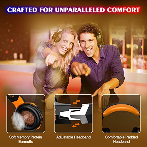 VersionTECH. G2000 Gaming Headset, Bass Surround Gaming Headphones with Noise Cancelling Mic, LED Lights, Soft Memory Earmuffs for PS5/ PS4/ Xbox One Controller/Laptop/PC/Mac/Nintendo NES Games-Yellow - color: Orange