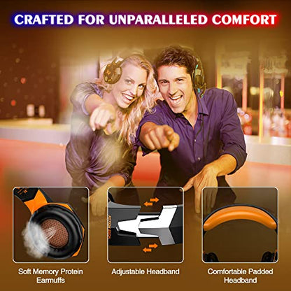 VersionTECH. G2000 Gaming Headset, Bass Surround Gaming Headphones with Noise Cancelling Mic, LED Lights, Soft Memory Earmuffs for PS5/ PS4/ Xbox One Controller/Laptop/PC/Mac/Nintendo NES Games-Yellow - color: Orange